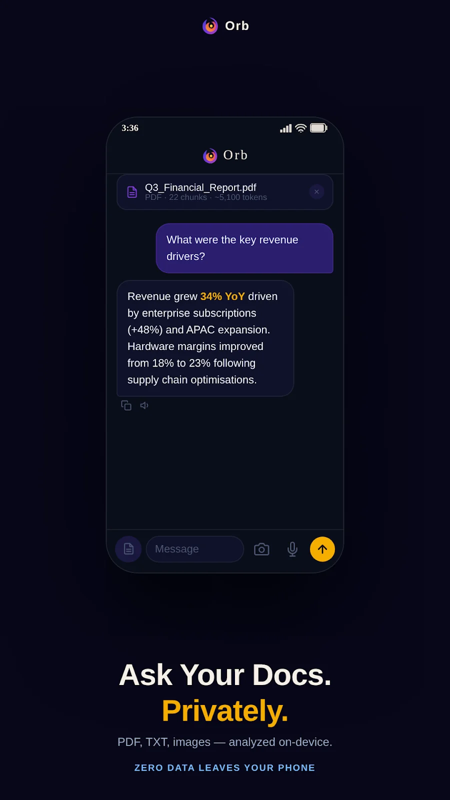 Orb answering a question about a PDF on the phone